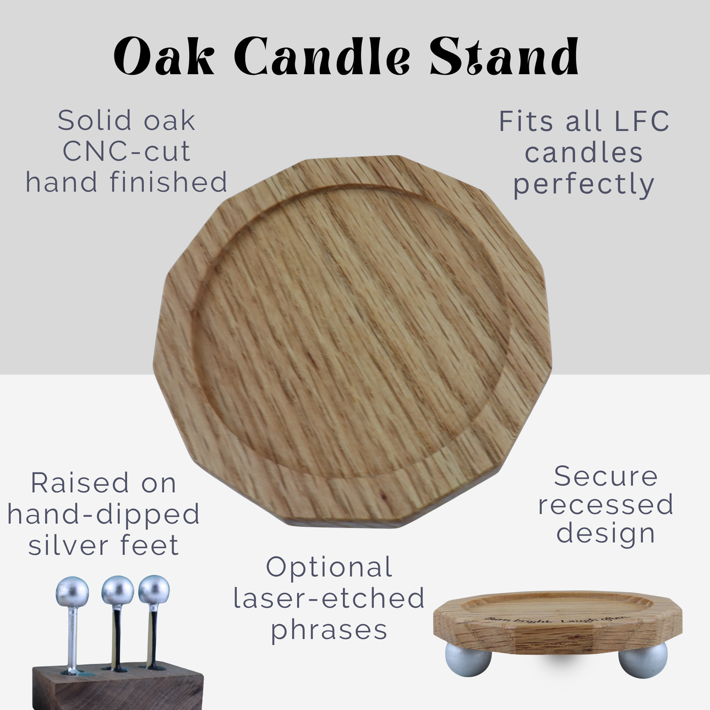 Handcrafted Oak Candle Stand | Fits All LFC Candles | Laser Etched Options